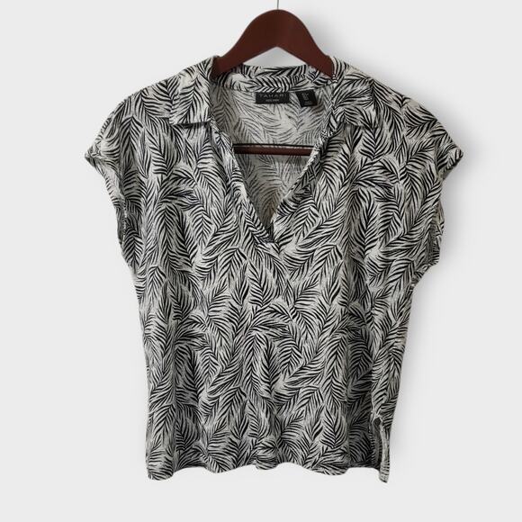 Tahari 100% Linen Black White Tropical Palm Print Collared Crop Top Large Summer - Picture 1 of 11